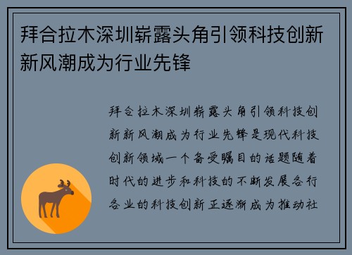 拜合拉木深圳崭露头角引领科技创新新风潮成为行业先锋